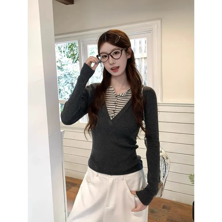 【刘小佳专属】早秋新款假两件条纹拼接氛围感气质正肩长袖上衣女8294