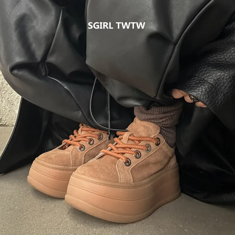 SGIRL TWTW2025新款真皮厚底圆头系带时尚百搭休闲松糕鞋单鞋女鞋