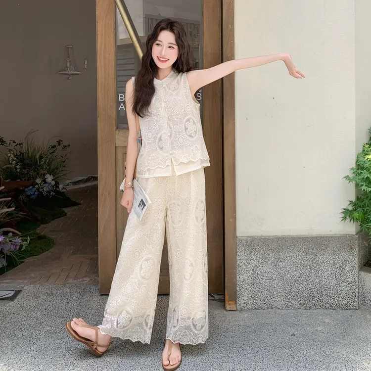 新中式国风气质套装裤女2025年夏季新款蕾丝刺绣背心阔腿裤两件套