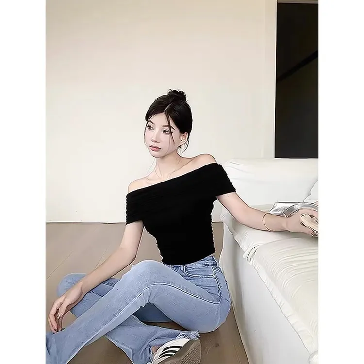 温柔纯欲一字肩短袖t恤女夏季辣妹锁骨露肩气质上衣ins小个子修身