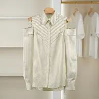 麦迪尚品【夕Y】50909532 春季时尚条纹小心机露肩衬衫品牌女装