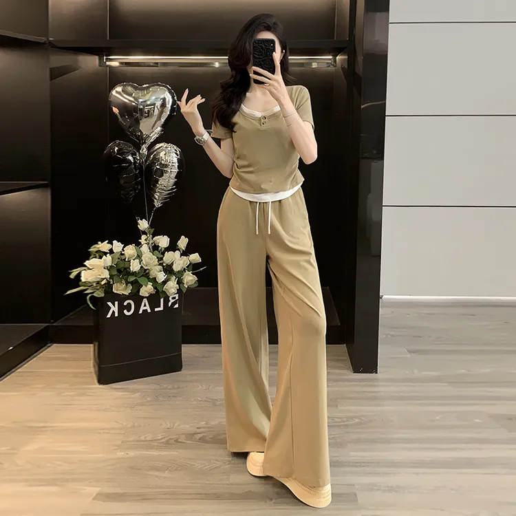 3336休闲运动套装洋气长裤法式百搭显瘦复古夏季设计感