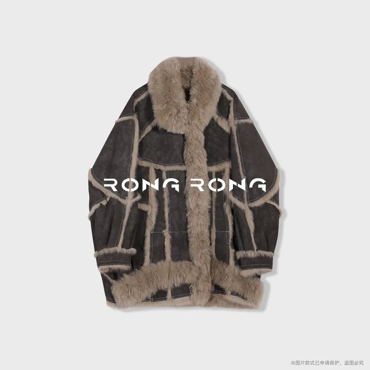 溶溶【尘烟紫】RONGRONG 羊皮毛领拼接獭兔毛皮内胆皮草370RR