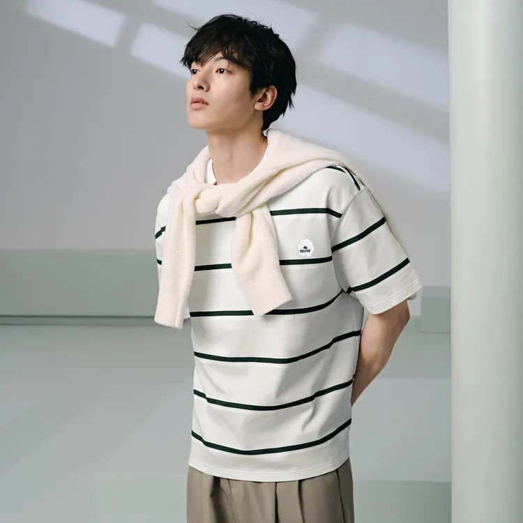 GXG男装 235g重磅条纹设计短袖T恤男士通勤休闲夏季#G25D442478