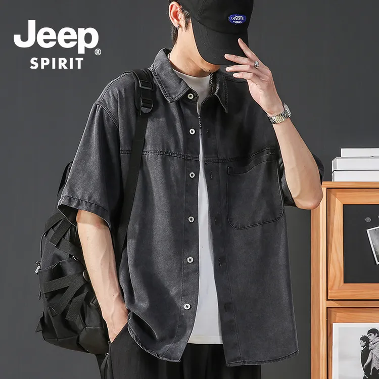 JEEPSPIRIT吉普莱赛尔混纺牛仔短袖衬衫男士夏季宽松美式工装衬衣