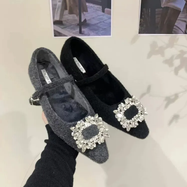 内增高水钻绒面黑色单鞋女鞋子2024秋冬季配裙子加绒玛丽珍毛毛鞋
