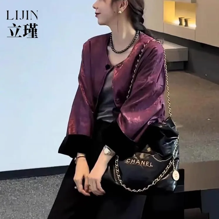 新中式国风感丝绒提花两面穿长袖外套女秋季新款百搭宽松百搭上衣