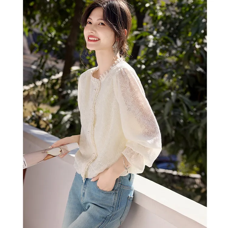 尚静小香风蕾丝微透花边衬衫2025秋季新款时尚休闲气质百搭舒适