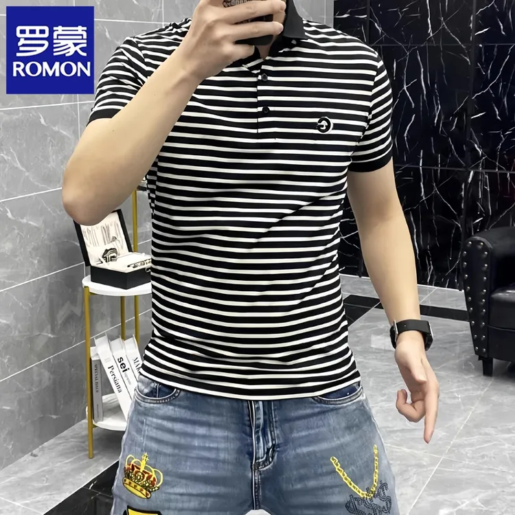 罗蒙夏季新款条纹POLO衫男短袖t恤夏季帅气半袖薄款潮牌百搭修身T