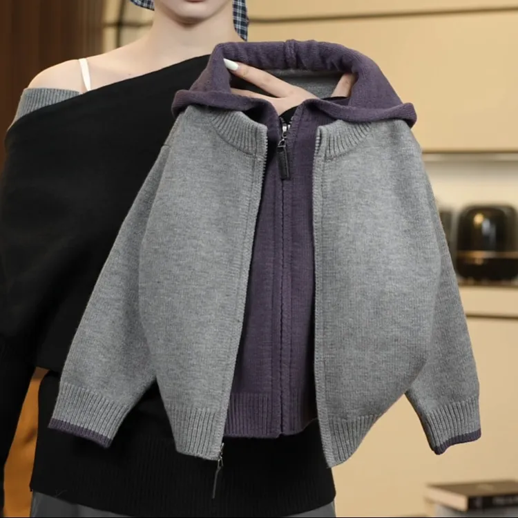 儿童针织衫开衫外套2025秋冬新款假两件拼色毛衣男女童韩版连帽衫