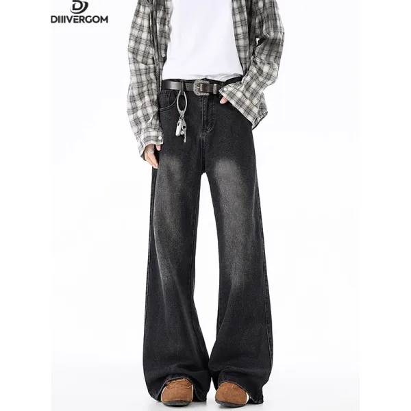 美式cleanfit做旧水洗牛仔裤男生潮牌新款宽松复古微喇阔腿长裤子