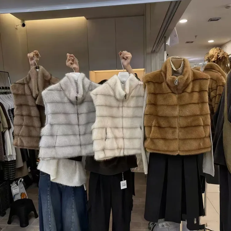 韩系复古立领仿貂毛坎肩马甲女2025冬季新款叠穿无袖拉链毛毛外套