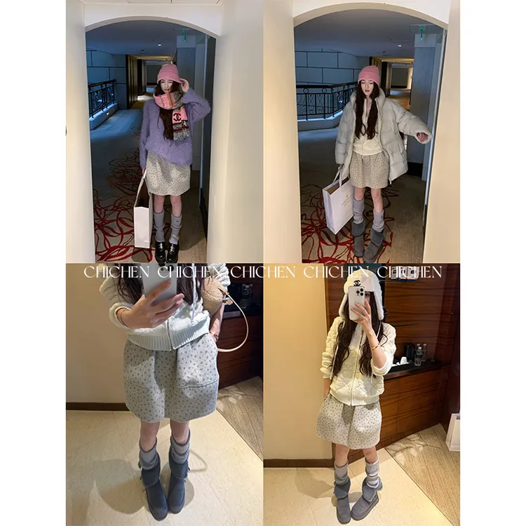 CHICHEN-韩里韩气的呢料碎花蓬蓬裙