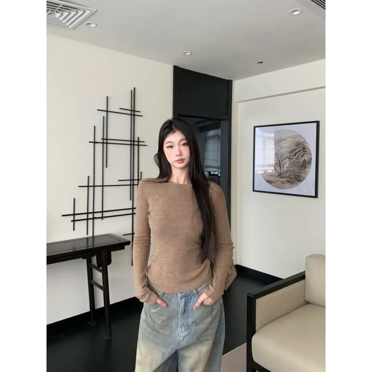 withmin凉皮 秋冬复古辣妹一字领人字纹针织打底长袖t恤2525034