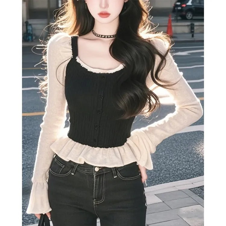 法式U领撞色长袖针织衫女春季新款时尚洋气修身显瘦内搭短款上衣