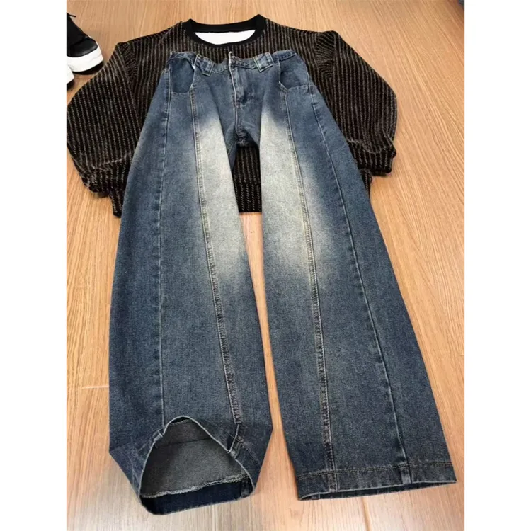 美式复古蓝斜切弯刀牛仔裤男款秋冬加绒高级感直筒工装宽松阔腿裤