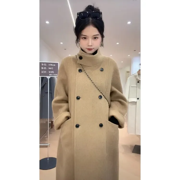 哥弟阿玛施正25新款韩版经典百搭双排扣高领设计柔软厚实羊毛大衣