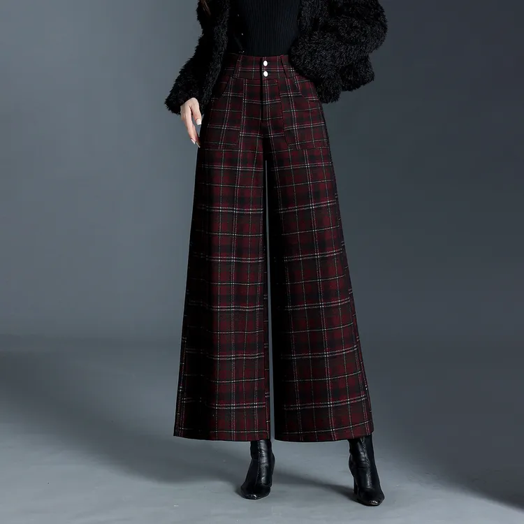 毛呢格子阔腿裤女秋冬季2025新款高腰显瘦遮肉宽松时尚大脚九分裤