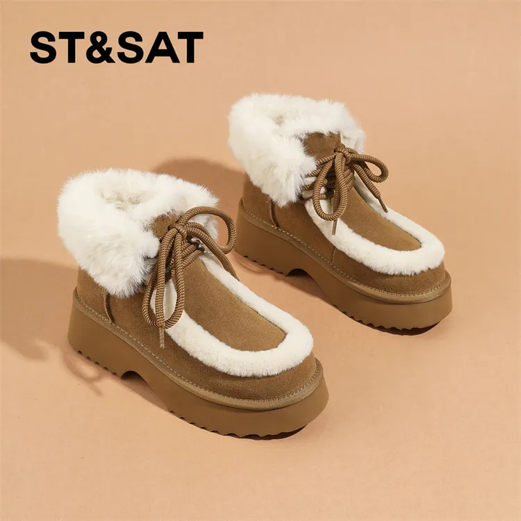 星期六加绒厚底雪地靴女款2025冬季保暖棉鞋复古松糕底毛毛短靴女