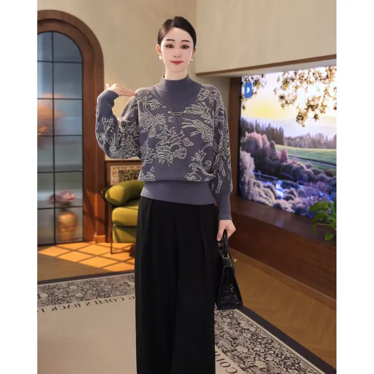 2026秋冬新款【QQ-1246PY】含绵羊毛百搭假两件紫色长袖针织衫毛