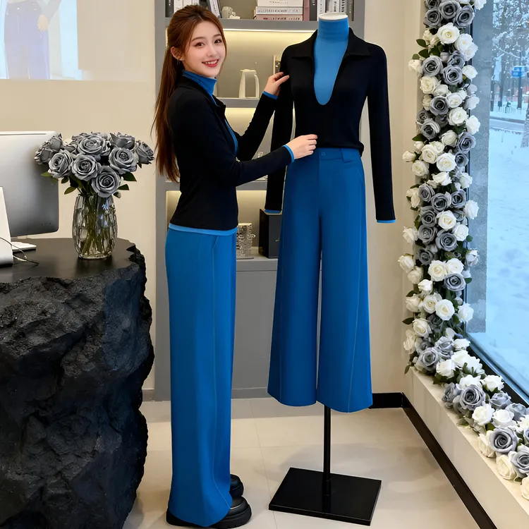 今年流行撞色拼接假两件长袖上衣显瘦百搭休闲长裤秋冬新款两件套