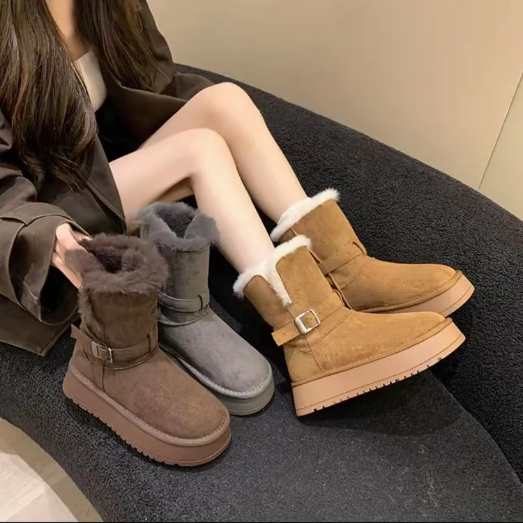 中筒厚底雪地靴2025加绒加厚增高百搭厚底棉鞋两穿翻毛防滑雪地靴