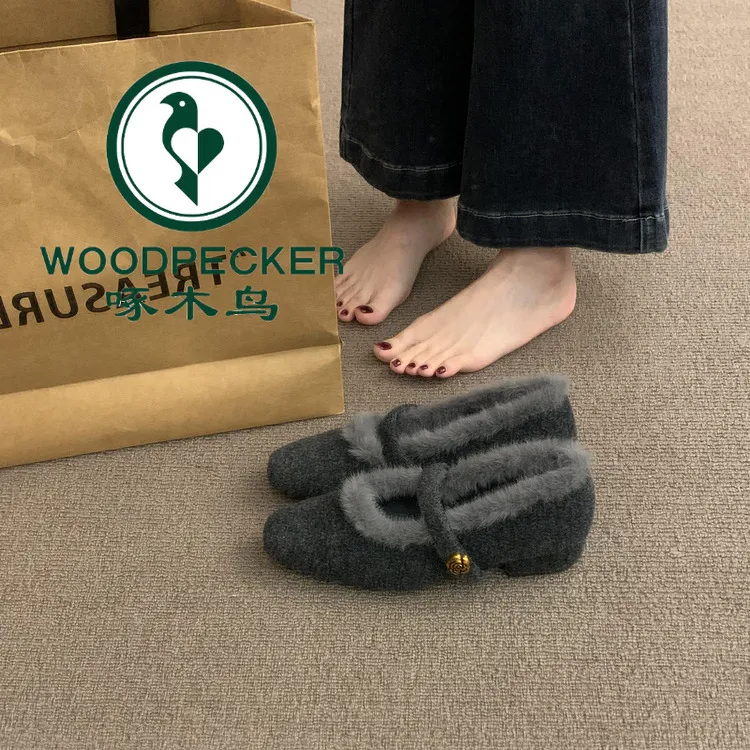 啄木鸟复古粗跟毛毛鞋女秋冬新款加绒保暖玛丽珍鞋方头法式棉单鞋