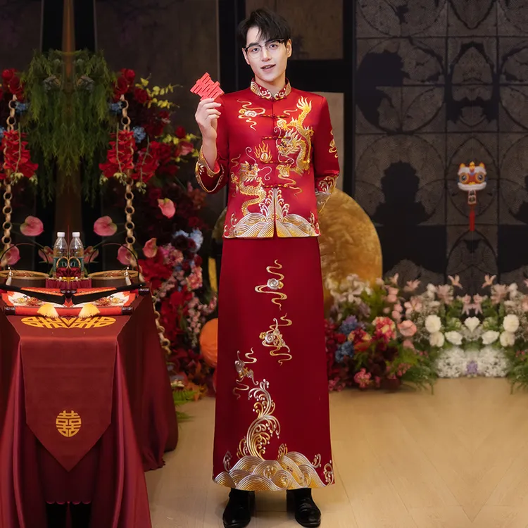 男士秀禾服2025新款结婚国风唐装中式红色喜服新郎龙凤褂接亲婚服