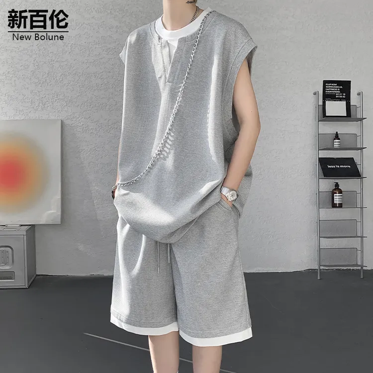 新百伦/NEW BOLUNE夏季套装男薄款华夫格潮流休闲宽松百搭两件装