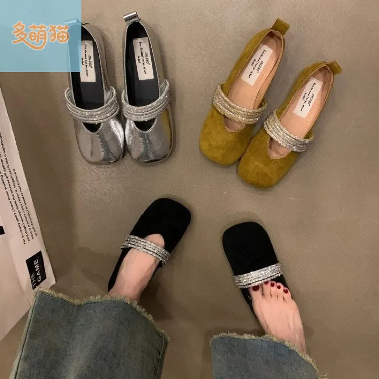 玛丽珍女鞋子2025新款小皮鞋女一脚蹬配裙子气质平底银色法式单鞋