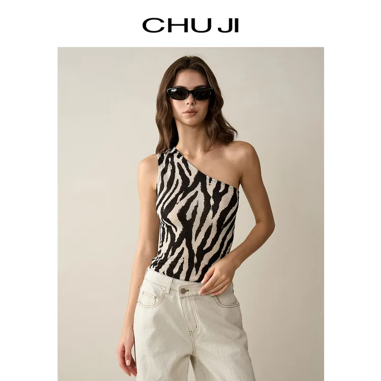 Chuji/出迹斑马纹印花单肩斜领上衣夏季露肩网布透气背心E1M2358T