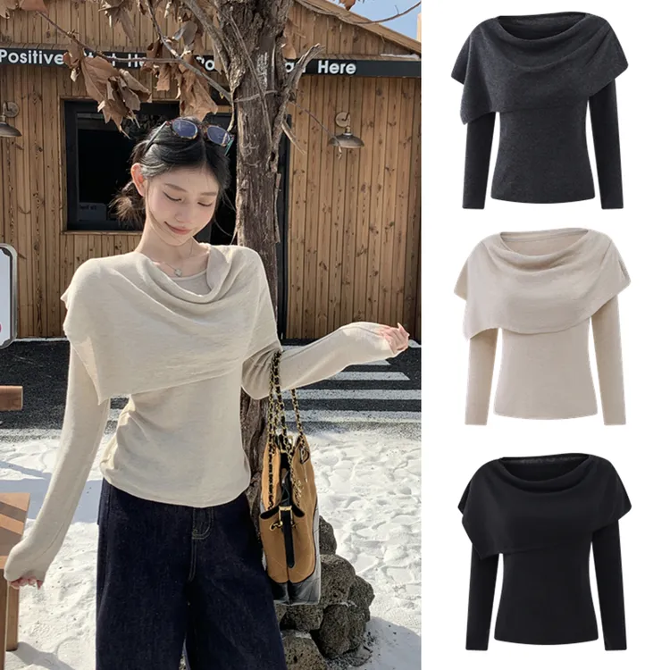 秋季上新简约日常通勤气质针织衫+荡领披肩两件套