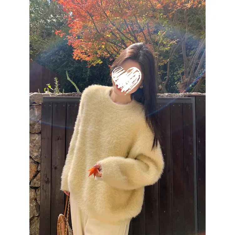 Miss sumeyY4059秋冬仿貂毛软糯毛衣气质宽松圆领套头针织衫上衣