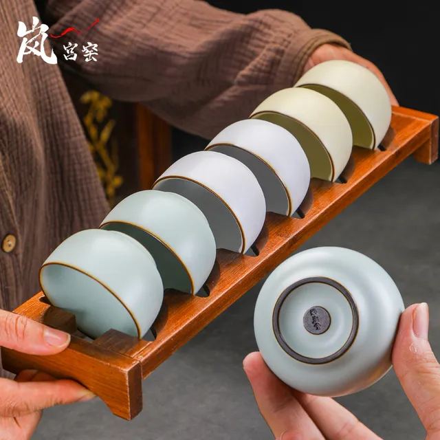 岚宫窑 高端天青三色汝窑茶杯套装6只家用茶具功夫茶碗主人杯陶瓷