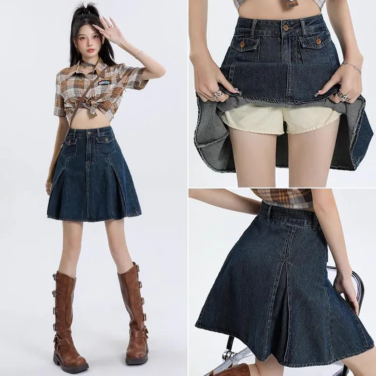 2025新款女夏季半身裙高腰长款半身百褶裙小个子a字复古牛仔短裙