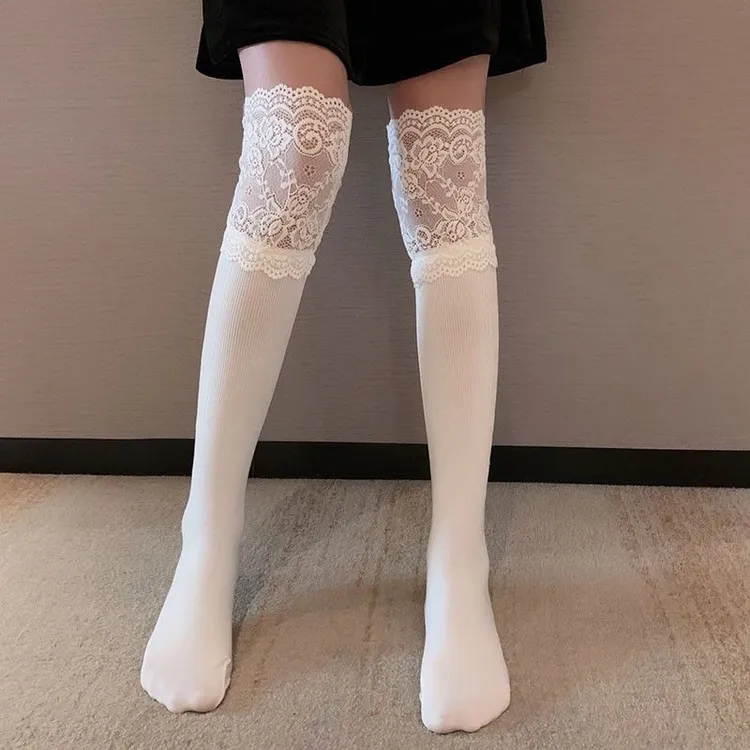 秋冬白色蕾丝长筒袜搭长靴纯欲风日系加厚棉花边大腿袜女性时尚保