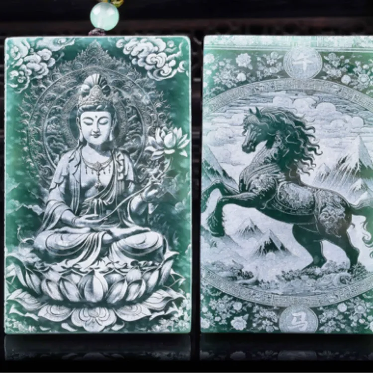 新款天然翡翠大势至菩萨项链男女挂件马守护神双面影雕山水牌吊坠