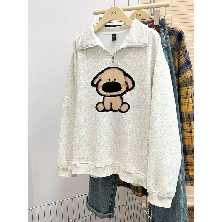 今日ootd美式复古加绒加厚Polo领卫衣女秋冬季宽松半拉链外套上衣