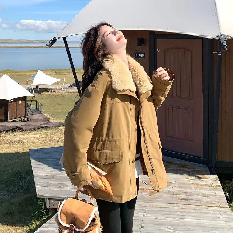 工装风设计感派克服女冬季新款韩系加厚加绒中长款保暖大衣