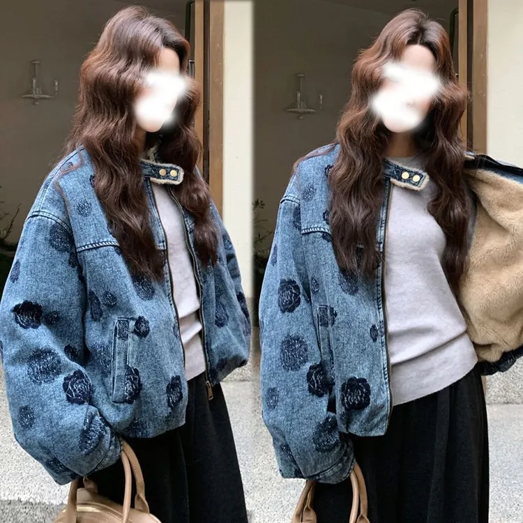 复古时髦感印花植绒牛仔外套女秋冬季2025年新款韩系加绒加厚棉服