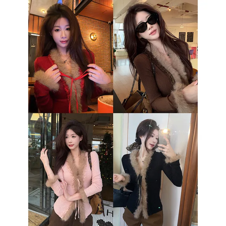 V领拼接毛毛门襟撞色针织开衫女修身打底衫上衣 61292