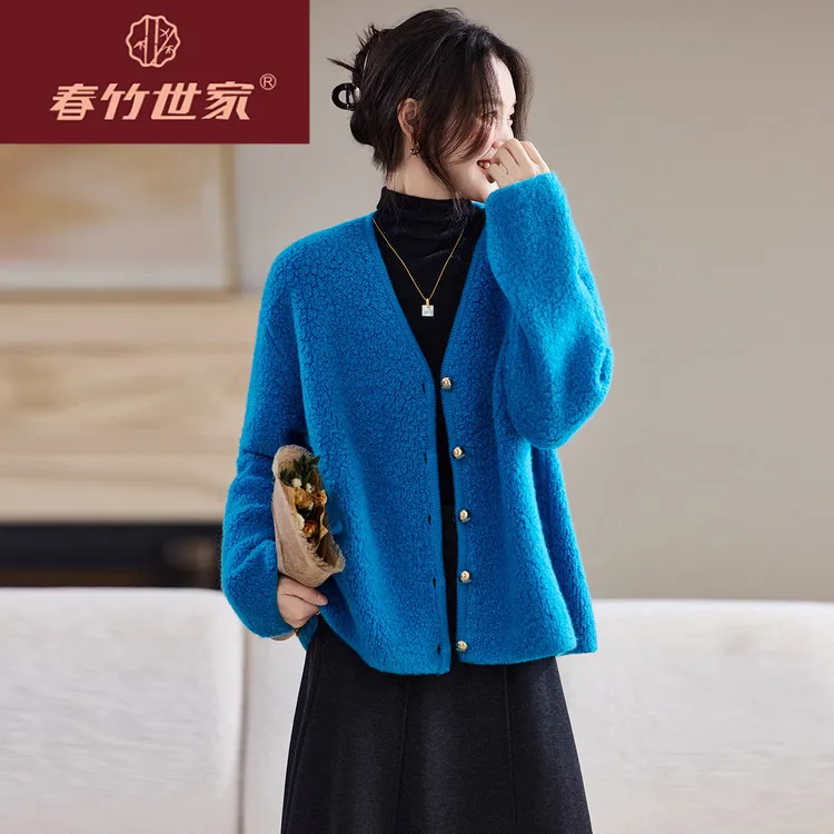 春竹世家名品牌100%羊毛时尚针织开衫毛衣女秋冬V领宽松妈妈复古