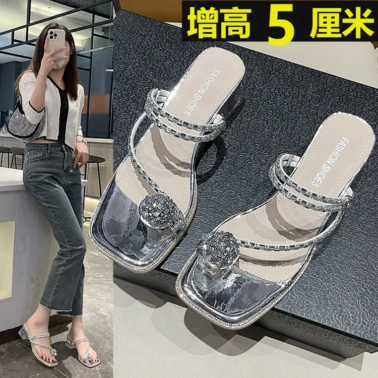 夏天外穿绝美凉拖鞋女水钻粗跟外穿绝美高级感配裙子法式高跟半拖