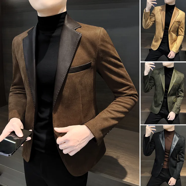 鹿皮绒西装外套男款春秋季爆款2025新款潮流痞帅男装皮领休闲西服