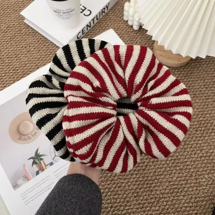 秋冬针织毛线大肠发圈女ins风条纹发绳软糯小众扎头绳头花发饰品~