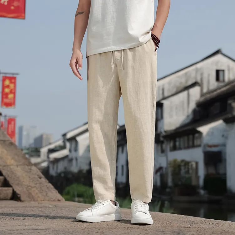 亚麻九分裤男夏季薄款透气直筒休闲裤新中式国风宽松百搭大码裤子