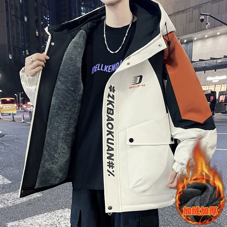 冬季新款连帽加绒加厚保暖夹克男套装韩版青少年学生潮流宽松外套