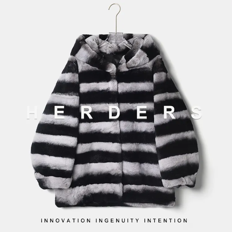 HERDERS 中长款连帽条纹兔毛外套 255618