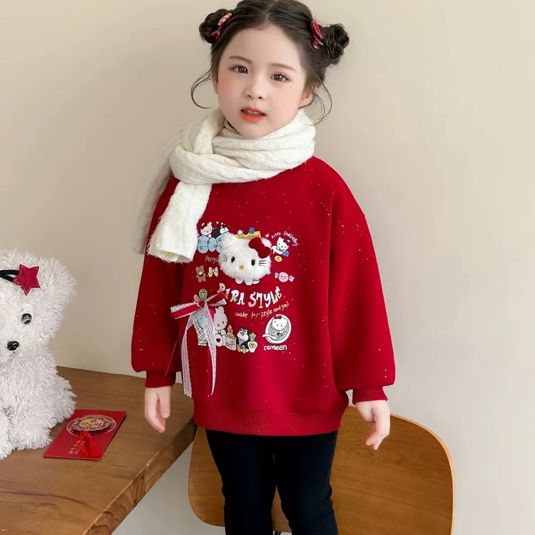 女童卡通印花加绒加厚卫衣冬季新款拜年服保暖宝宝喜庆冬装年衣