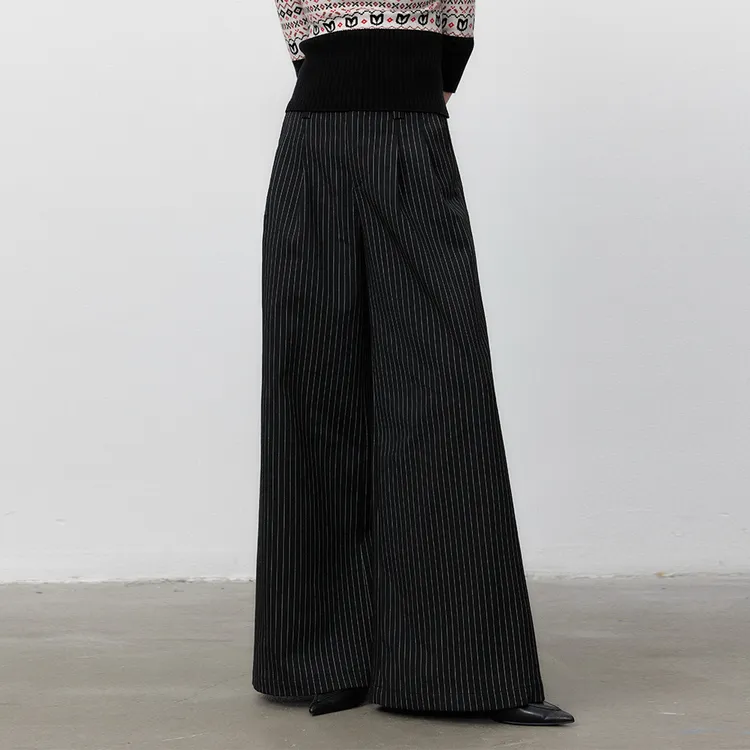 【 邹邹专属】高级感黑色条纹阔腿裤气质宽松显瘦休闲长裤2025秋款